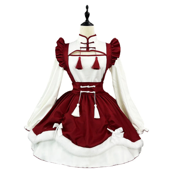 Anime New Year's Yuanxiao Theme Cosplay Costume LOLITA performance maid dress costume White Dress Rose Apro Chinese Style