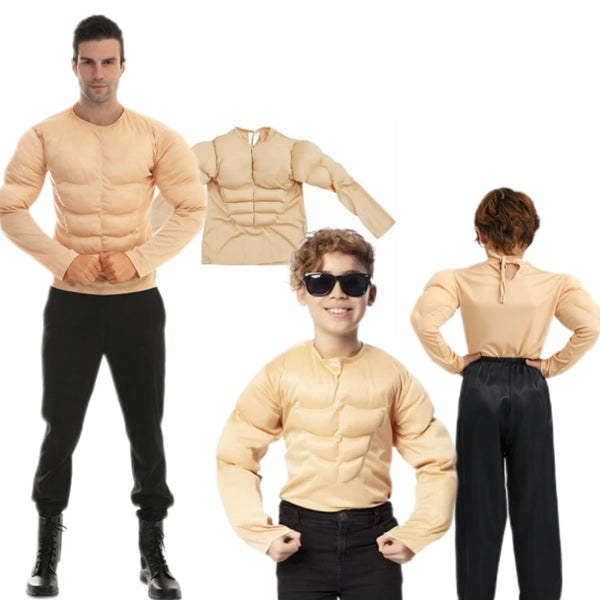 Boys Muscle Shirt Costume Men Fake Chest Muscles Male Child Shirt Wrestler Body Halloween Costume For Kids Adult Funny Muscle