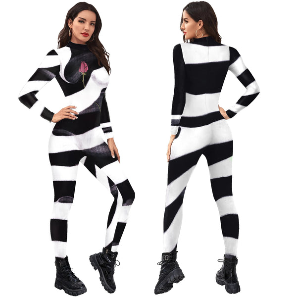 Women Stripe Carnival Party Fancy Bodysuit Jumpsuit Halloween Zebra Cosplay Costumes Dress Up Outfit Zentai Suit