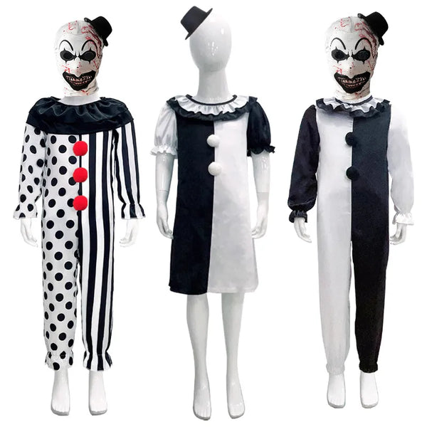 Kids Clown Cosplay Halloween Costume with Mask Hat ITerrifier Clown Dress Child Jumpsuit Outfits for Boys Girls Carnival Party