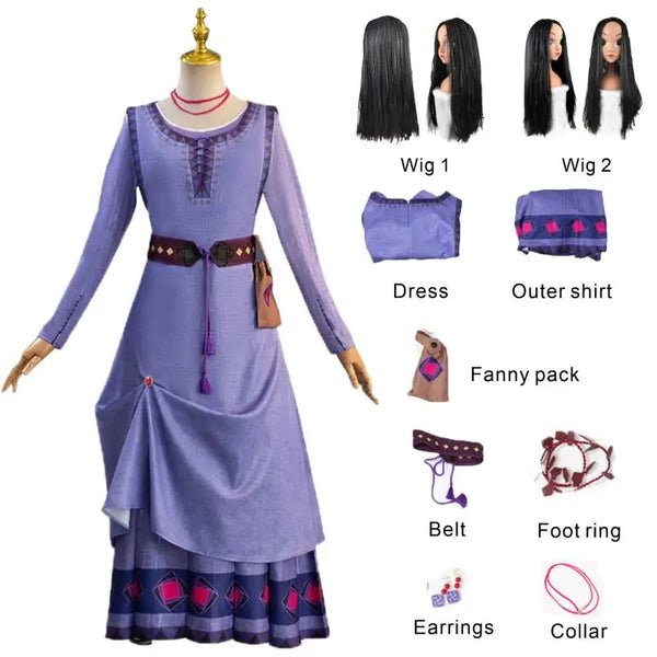 Movie Wish A Asha Cosplay Costume for Women Asha Princess Purple Long Dress+Wig Suit Halloween Carnival Clothing
