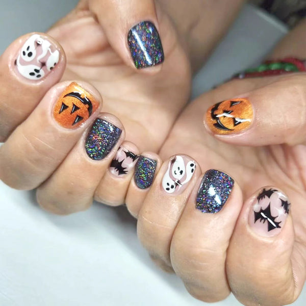 24pcs Halloween Fake Nails With Black Ghost Bat Pumpkin Design Wearable Colorful Glitter Short Square False Nails Press On Nails