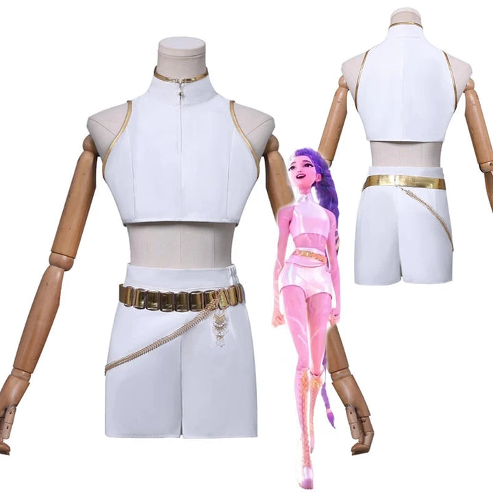 White outfit with gold accents on a mannequin, K-POP DEMON HUNTERS branding visible.