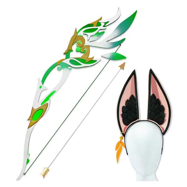 Game Genshin Impact Tighnari Hunter's Path Bow and Arrow Wooden Weapon Ear Headdress Cosplay Prop Accessories