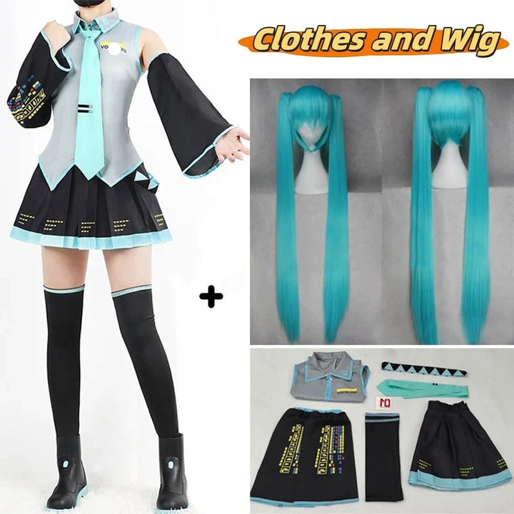 Cosplay outfit with matching wig and accessories on a white background