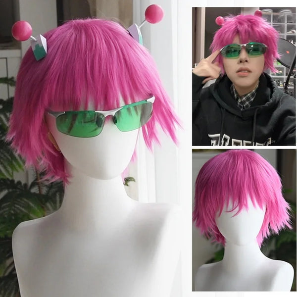 Saiki Kusuo Cosplay Wig Hair Cap + 2 Hairpins Saiki k Wig for Cosplay Anime Role Play Pink Wig Adult  Anime Halloween Party