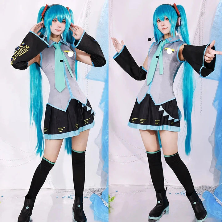 Person in a cosplay costume with blue hair and a uniform-like outfit.