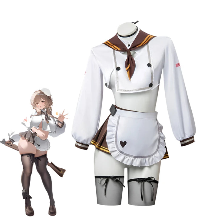 Cosplay costume with white top, brown accents, and apron on a mannequin, alongside an animated character model.