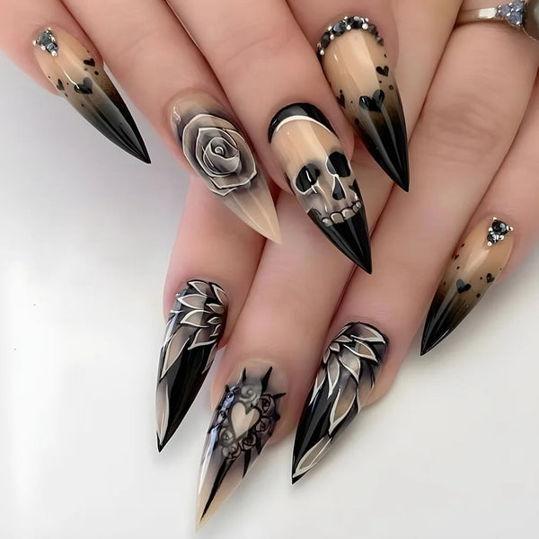 Halloween Press on False Nail Black Rose Print Stick on Fake Nails Almond Acrylic Tips Nail Skull Head Nail Art for Women 24 Pcs