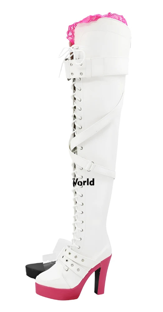 White knee-high boots with pink accents and a high heel, branded 'The Cos World'.