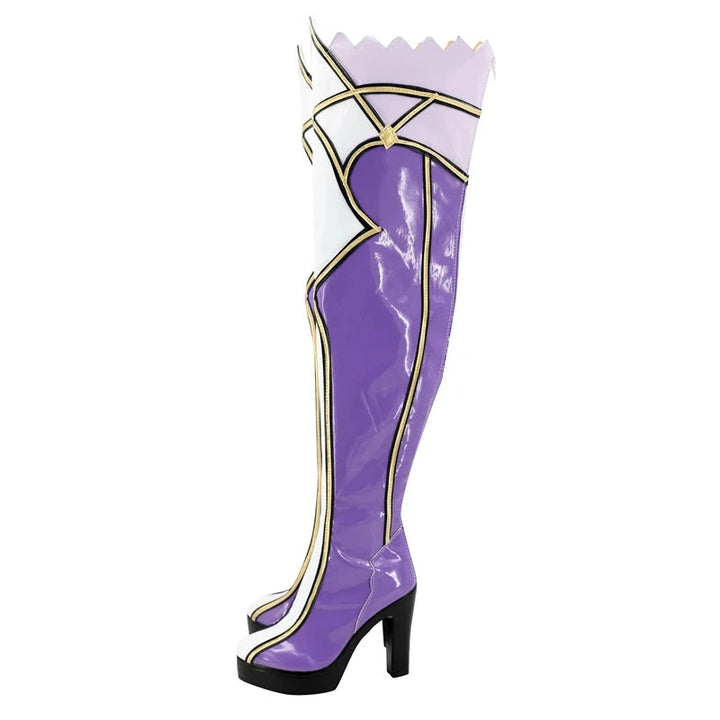 Purple cosplay boot with gold accents on a white background, featuring the SBLUU Cosplay logo.