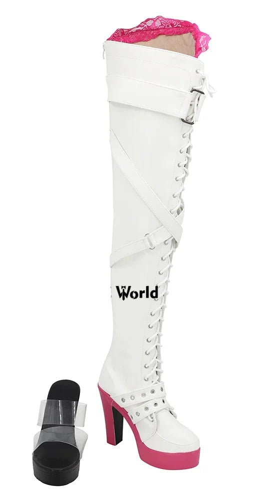 White cosplay boots with pink accents and visible 'The Cos World' branding on a white background.