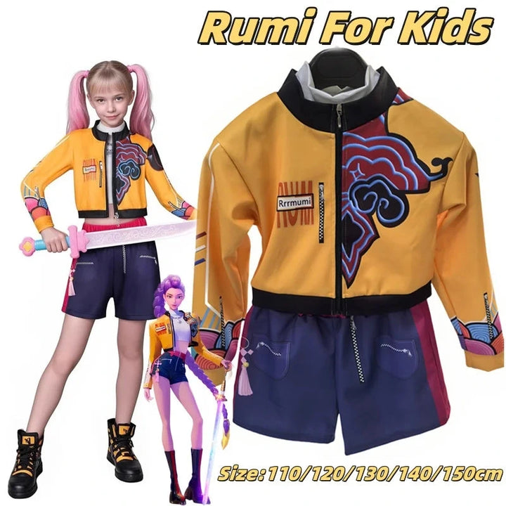 Colorful KPOP Demon Hunters outfit with a child model and matching doll on a white background.