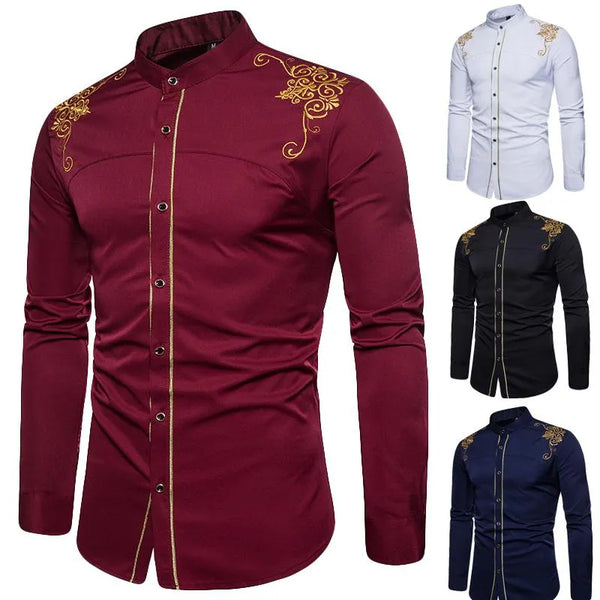 High Quality Men's Stand-up Collar Shirt Court Embroidered Long-sleeved Casual Shirt Men's Fashion Tops Western Denim Shirt