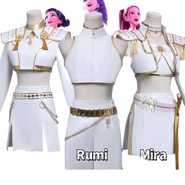 Three mannequins wearing white and gold outfits with 'K-Pop Hunters' branding.