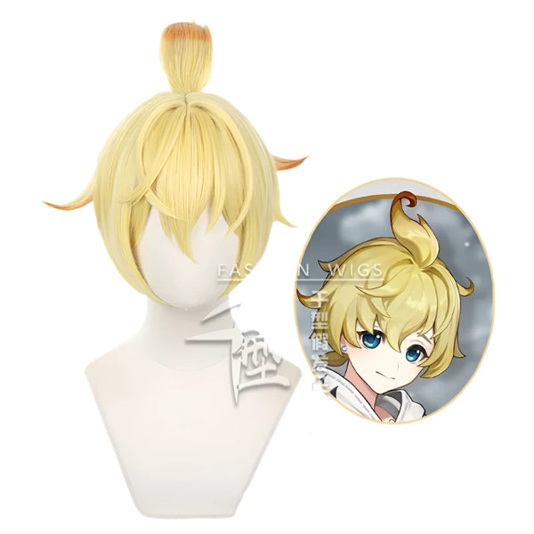 Genshinin and Impact Mikaka Cosplay Wig Short Blond Warm Golden Wig Cosplay Anime Wigs Heat Resistant Synthetic Wigs Halloween