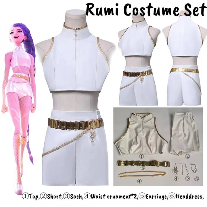 KPOP Demon Hunters Rumi Costume Set with mannequin display and product components.