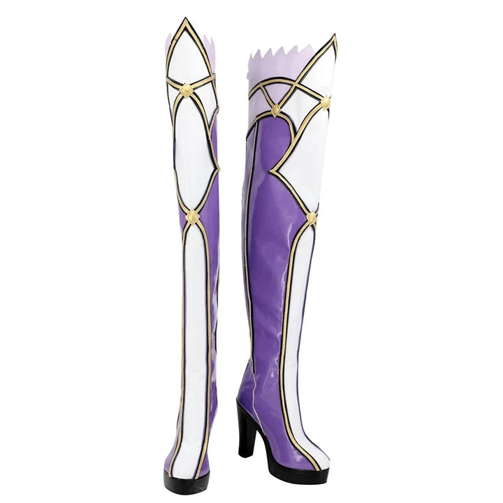Purple and white cosplay boots with gold accents on a white background, branded with SBLUU Cosplay.