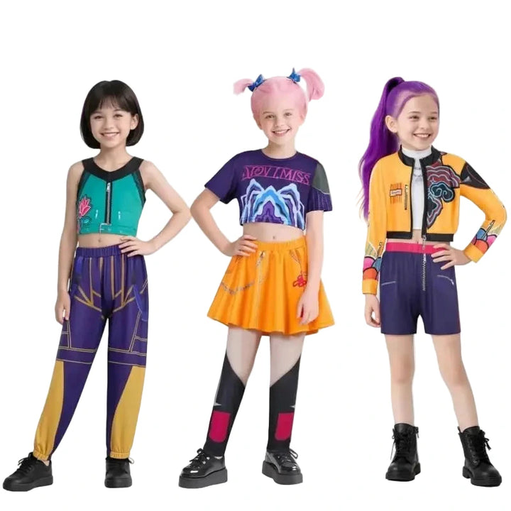 Three children in colorful outfits with 'K-POP' text in the background