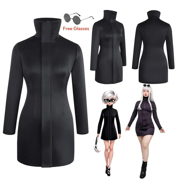 Women Gojo Satoru Bodycon Dress Cosplay Costume with Glasses Set for Girl Cosplay Stretchy Fabric Black Sexy Dress Halloween