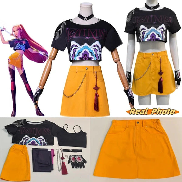 KPOP Demon Hunters outfit with black crop top, yellow skirt, and accessories on mannequins.