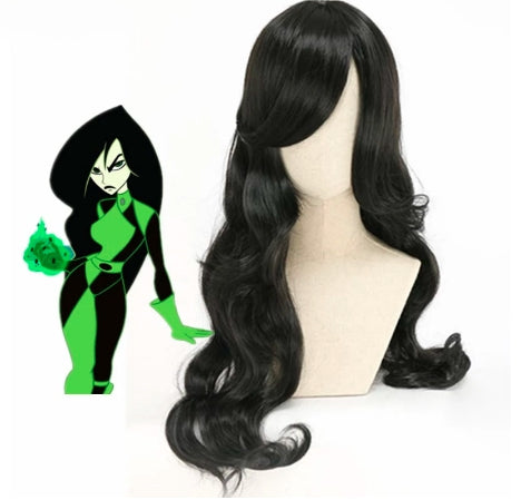 Shego Cosplay Kim Possible Cosplay Wig 80cm Long Curly Wave Black Wig Cosplay Anime Cosplay Wigs Heat Resistant Synthetic Wigs
