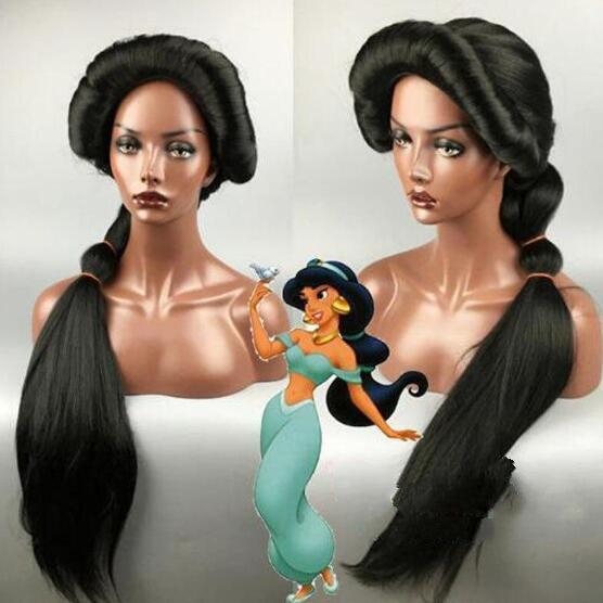 Women Aladdin and the magic lamp Princess Jasmine Black Long cosplay costume wig + wig cap