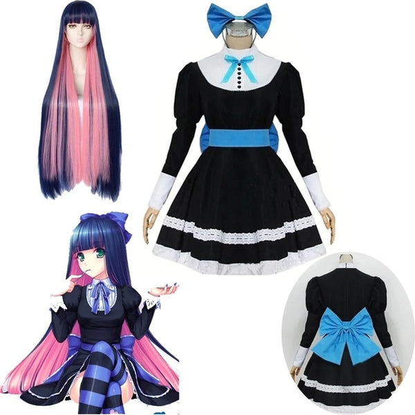 Garterbeltlt Heroinene Anarchyhy a Stocking Cosplay Costume Black Dresses Long Blue Mix Pink Panty Stocking Wig