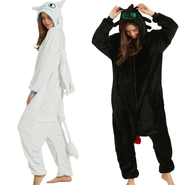 Toothless Dragon White Black Onesie Adult Unisex Flannel Pajama Anime Cosplay Costume Train Your Night Fury Sleepwear