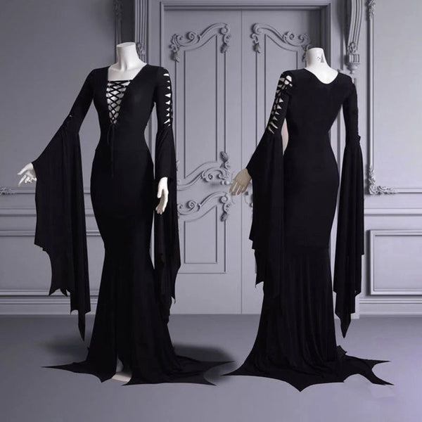 Women Sexy Witch Ghost Halloween Costume Morticia Addam Gothic Maxi Dress Pagan Pixie Vampire Black Lace Up Gown Robe Size S-5XL