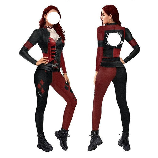 Women Sexy Superhero Harleenen Quinzelel Cosplay Jumpsuit Catsuit Character Costumes Zentai Halloween Bodysuit Fancy Dress