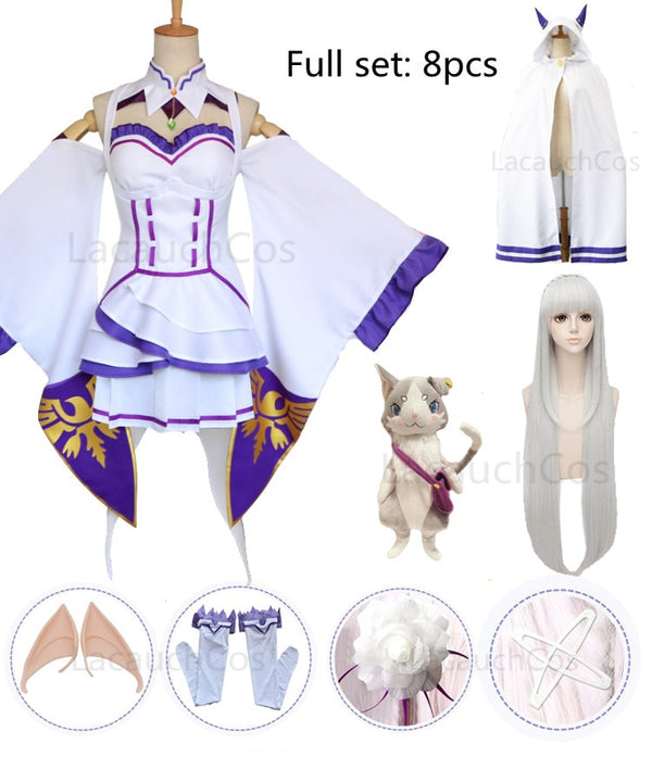 Anime Emilia Kleid Re Zero: Leben in einer anderen Welt Emilia Cosplay Kleid Umhang Perücke Elfenohren Halloween Party Cosplay Kostüm