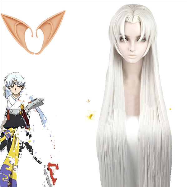 Nuyasha Sesshomaru/Wig With Ears Heat Resistant Cosplay Silvery Synthetic Hair Peruca + Wig Cap 39inch 100cm Length