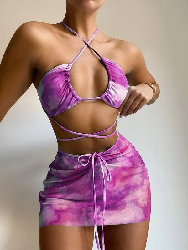 Bandeau Bikini 2021 Pink Print Swimwear Women Skirts 3 Pieces Set Halter String Swimsuit Women Sexy Bathing Suit Summer Bikinis