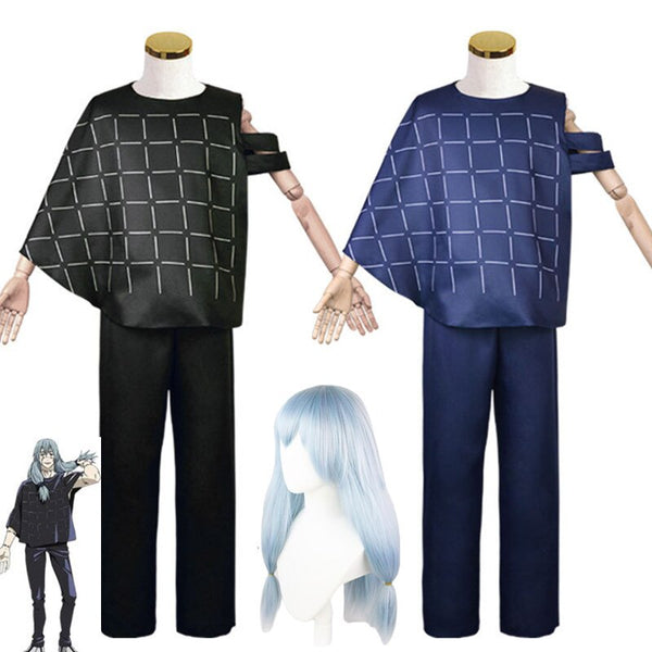 Anime Jujutsu and Kaisen Mahito Cosplay Costume Adult Top Pants Clothes Halloween Carnival Party Blue Black Suit Wig for Man Woman