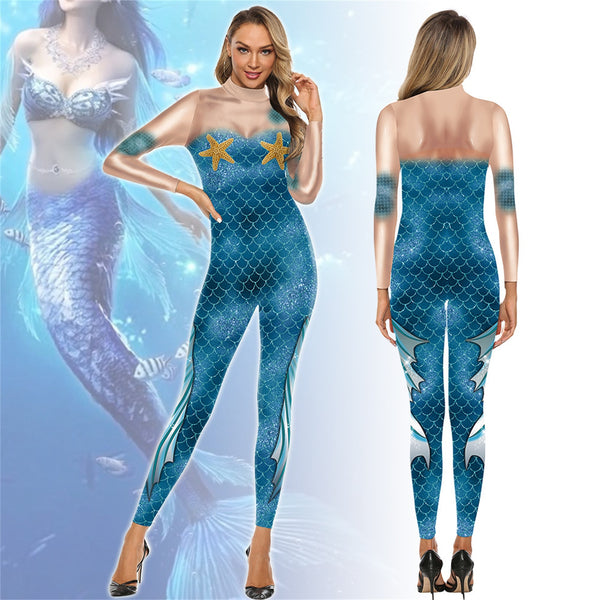Women Shell Fish Scale Jumpsuit Bodysuit Lady Girls Tight Sexy Zentai Tracksuit Halloween Stage Show Mermaid Cosplay Costume