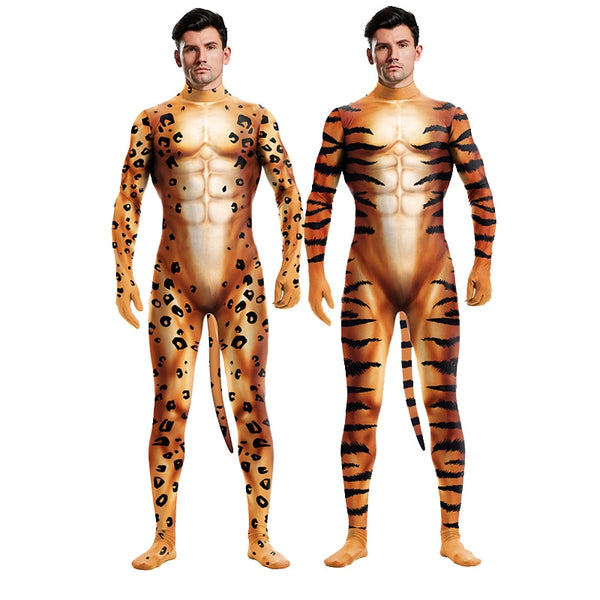 Leopard Sexy 3D Print Unisex Cosplay Costumes Jumpsuits Tight Party Zentai Clothing Bodysuit With Tail