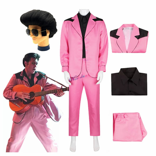 2022 Movie Elvis Costume Presley Jacket Pink Suit Outfit Men Fashion Idol Halloween Carnival Cosplay Clothing Wig