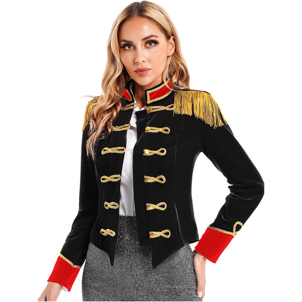 Womens Circus Ringmaster Costume Halloween Theme Party Cosplay Outfit Stand Collar Fringed Shoulder Board Velvet Jacket Coat