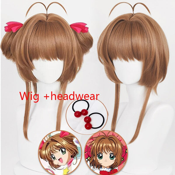High Quality Anime Card Captors Sakura Sakura Kinomoto Cosplay Wig With Headwear Heat Resistant Hair Party Cute Wigs + Wig Cap