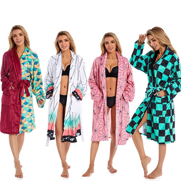 Anime Demons and Slayerer Kamadodo Tanjirouou Cosplay Bathrobe Coral Fleece Bath Robe Dressing Gown Cloak