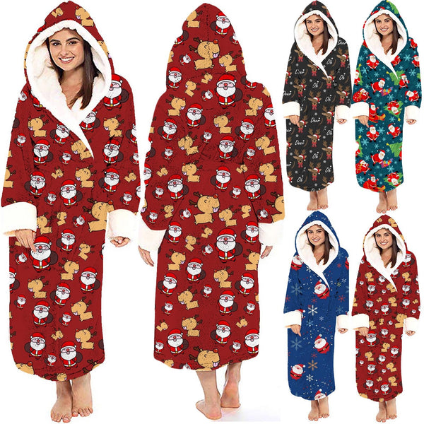 Winter Warm Flannel Bathrobe Female Hooded Loose Lengthen Thicken Christmas Print Robes For Women Couples Night Dress 5XL