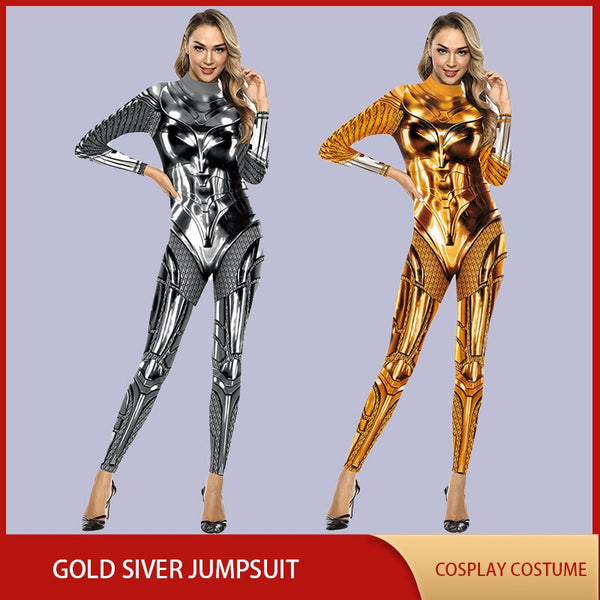 New Cosplay Costumes Jumpsuit Women Clothes Gold Silver 3D Print Tight Catsuit Zentai Fetish Outfit Women Muscle Suit