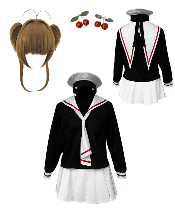 Adult Anime Cardcaptor Sakura Cosplay Black Uniform Brown Wig Women's Suit Halloween Costumes