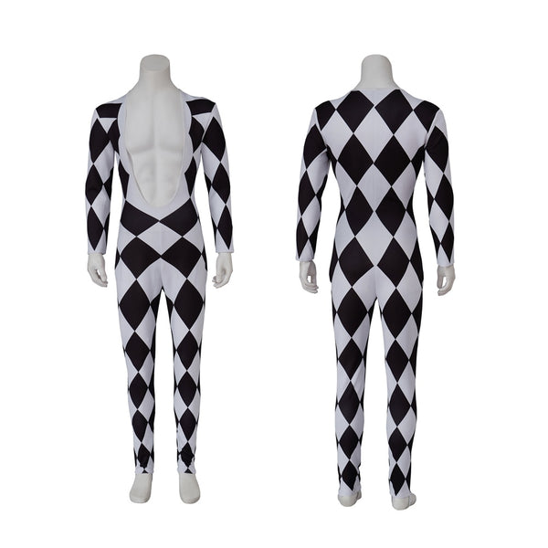 Freddieie Mercuryry Queen Harlequinin Cosplay Costume Unitard Black and White Diamond Bodysuit with attached feet for Men