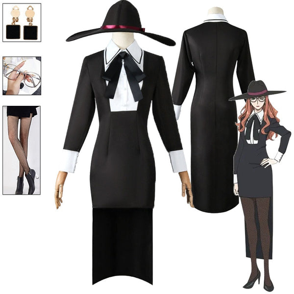 Spy X Family Sylvia Sherwood Cosplay Kleid Anzug Dame Hut Brille Ohrringe Uniform Halloween Party Anime Kostüm Outfit