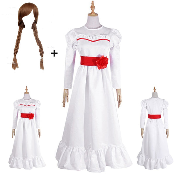 ConjingDoll Annabelle Halloween Horror White Dress Cosplay Costume Anime Game Long Sleeve O Neck Female Perform Dresses