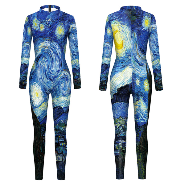 Women Long Sleeve Bodysuits Van Go gh Star and Moon Night Printed Cosplay Costumes Adult Sexy Tight Elastic Clothing Jumpsuits