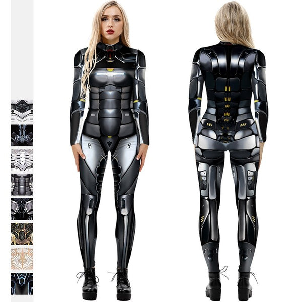Robot Punk Jumpsuit Catsuit Sexy Women Cosplay Costumes Cyberpunk 3D Digital Zentai Halloween Carnival Party Bodysuit