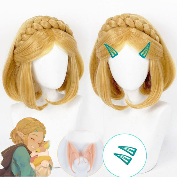 Zelda Princess Cosplay Wig Golden Blonde Braided Short Wig Cosplay Anime Princess Cosplay Wig Ears Heat Resistant Wigs + Wig Cap